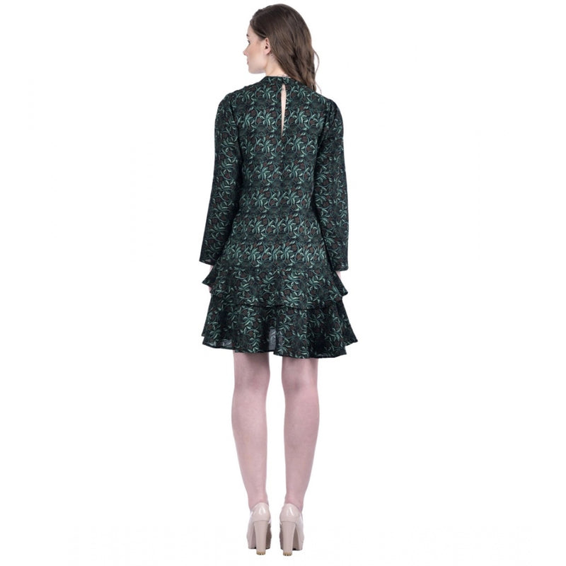 Mayawye Women's Cotton Blend Floral Full Sleeves Dress (Green)