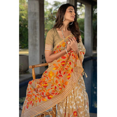 Mayawye Women's Cotton Printed Saree With Unstitched Blouse (Beige, 5-6 Mtrs)
