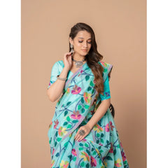 Mayawye Women's Cotton Printed Saree With Unstitched Blouse (Sky Blue, 5-6 Mtrs)