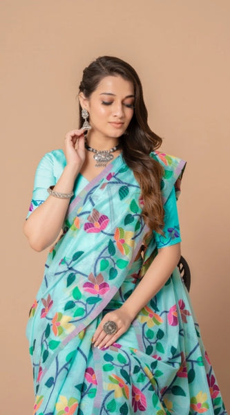 Mayawye Women's Cotton Printed Saree With Unstitched Blouse (Sky Blue, 5-6 Mtrs)