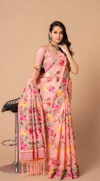 Mayawye Women's Cotton Printed Saree With Unstitched Blouse (Pink, 5-6 Mtrs)