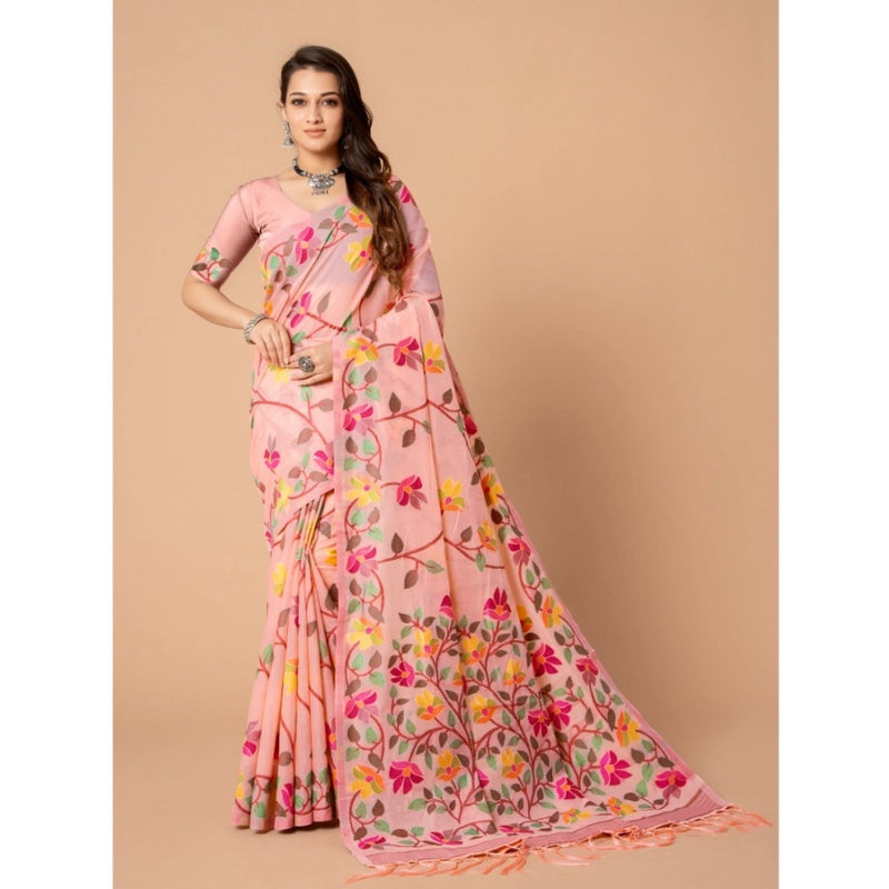 Mayawye Women's Cotton Printed Saree With Unstitched Blouse (Pink, 5-6 Mtrs)