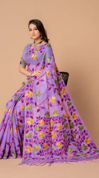 Mayawye Women's Cotton Printed Saree With Unstitched Blouse (Lavender, 5-6 Mtrs)