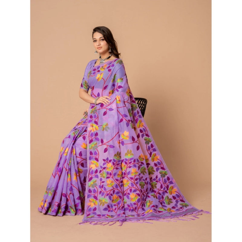 Mayawye Women's Cotton Printed Saree With Unstitched Blouse (Lavender, 5-6 Mtrs)