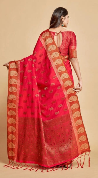 Mayawye Women's Chanderi Cotton Printed Saree With Unstitched Blouse (Pink, 5-6 Mtrs)