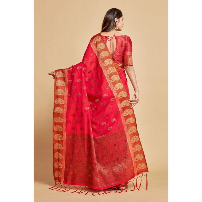 Mayawye Women's Chanderi Cotton Printed Saree With Unstitched Blouse (Pink, 5-6 Mtrs)