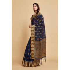 Mayawye Women's Chanderi Cotton Printed Saree With Unstitched Blouse (Navy Blue, 5-6 Mtrs)