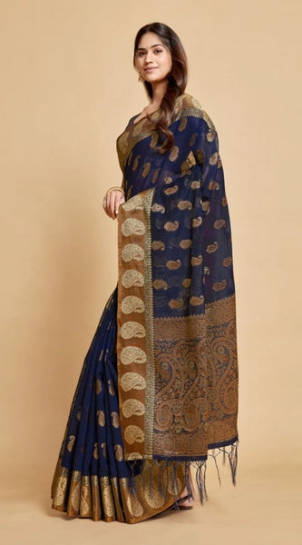 Mayawye Women's Chanderi Cotton Printed Saree With Unstitched Blouse (Navy Blue, 5-6 Mtrs)