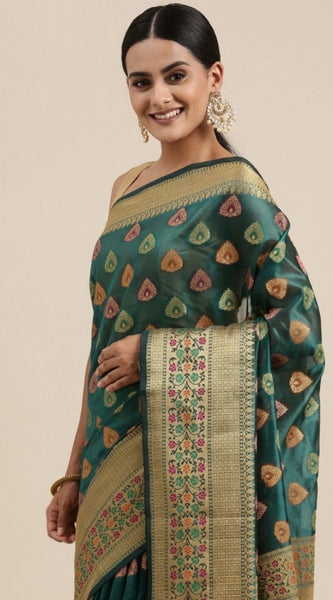 Mayawye Women's Organza Printed Saree With Unstitched Blouse (Sea Green, 5-6 Mtrs)