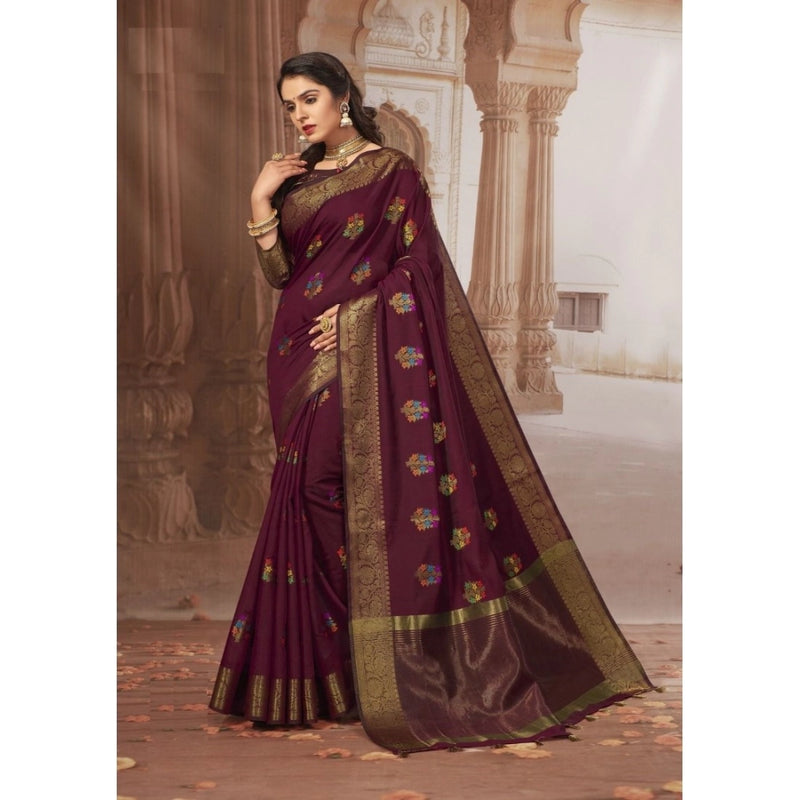 Mayawye Women's Chanderi Cotton Printed Saree With Unstitched Blouse (Maroon, 5-6 Mtrs)