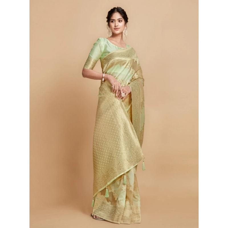 Mayawye Women's Linen Printed Saree With Unstitched Blouse (Pista, 5-6 Mtrs)