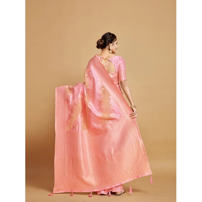 Mayawye Women's Linen Printed Saree With Unstitched Blouse (Pink, 5-6 Mtrs)