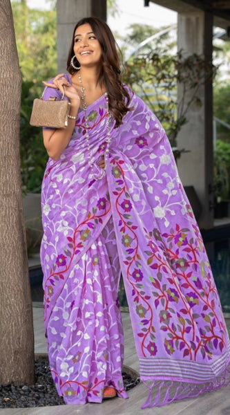 Mayawye Women's Cotton Printed Saree With Unstitched Blouse (Lavender, 5-6 Mtrs)