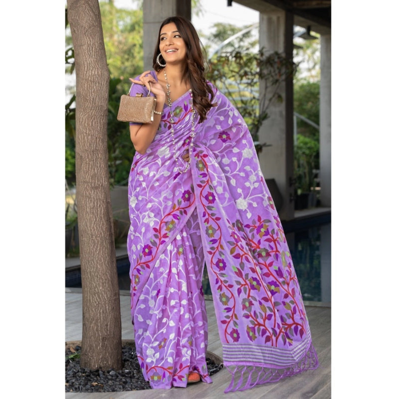 Mayawye Women's Cotton Printed Saree With Unstitched Blouse (Lavender, 5-6 Mtrs)