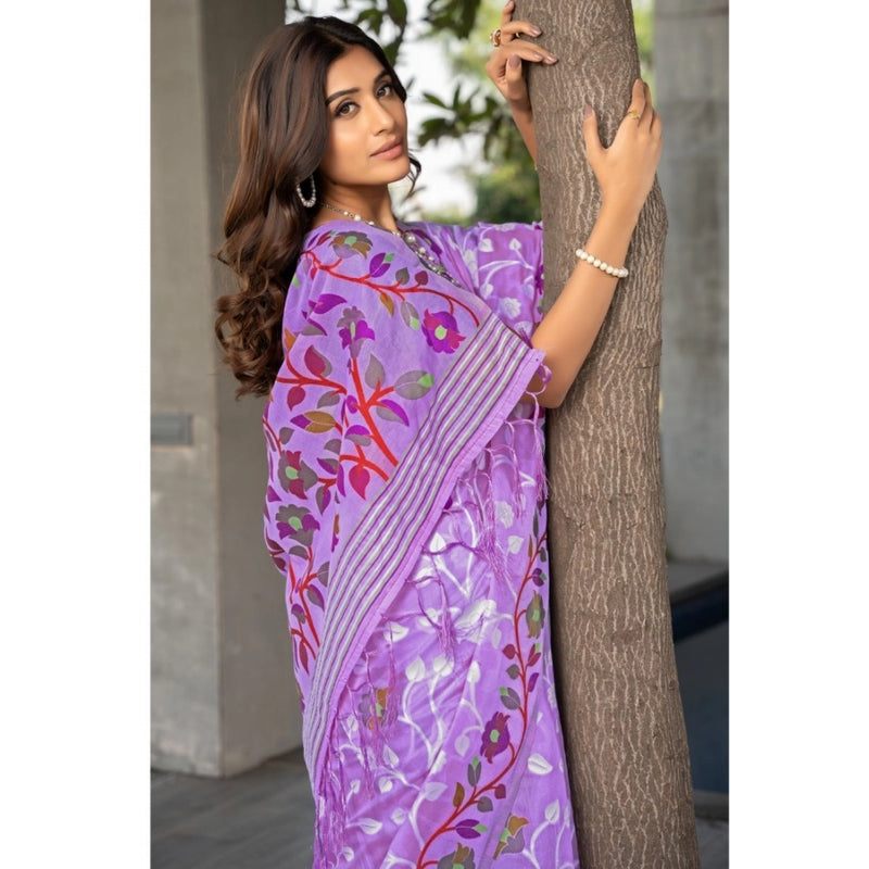 Mayawye Women's Cotton Printed Saree With Unstitched Blouse (Lavender, 5-6 Mtrs)