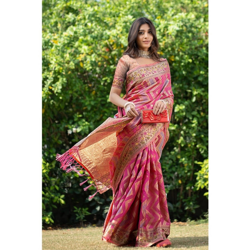 Mayawye Women's Organza Printed Saree With Unstitched Blouse (Pink, 5-6 Mtrs)