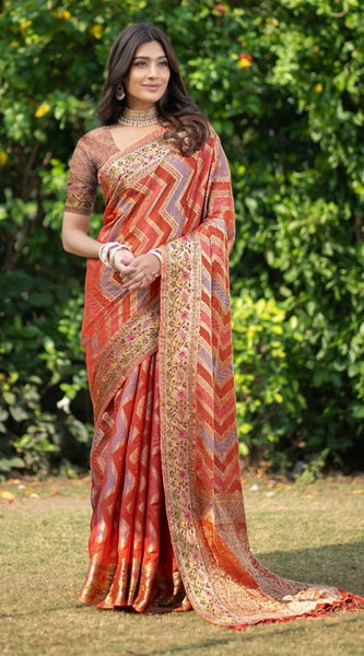 Mayawye Women's Organza Printed Saree With Unstitched Blouse (Orange, 5-6 Mtrs)