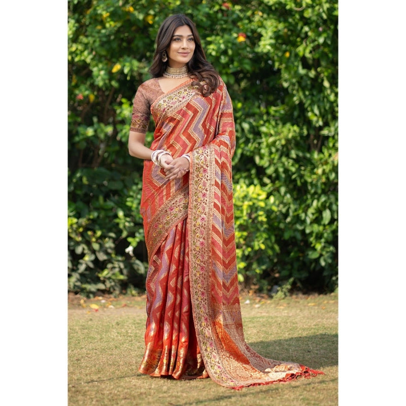 Mayawye Women's Organza Printed Saree With Unstitched Blouse (Orange, 5-6 Mtrs)