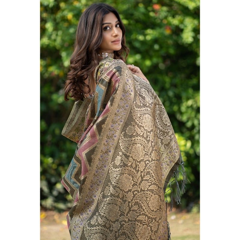 Mayawye Women's Organza Printed Saree With Unstitched Blouse (Grey, 5-6 Mtrs)