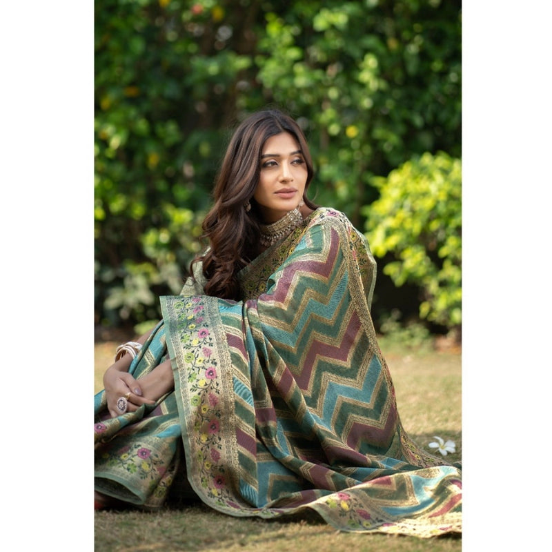 Mayawye Women's Organza Printed Saree With Unstitched Blouse (Green, 5-6 Mtrs)