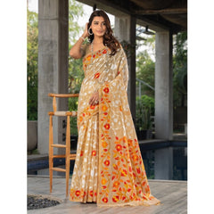 Mayawye Women's Cotton Printed Saree With Unstitched Blouse (Beige, 5-6 Mtrs)