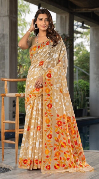 Mayawye Women's Cotton Printed Saree With Unstitched Blouse (Beige, 5-6 Mtrs)