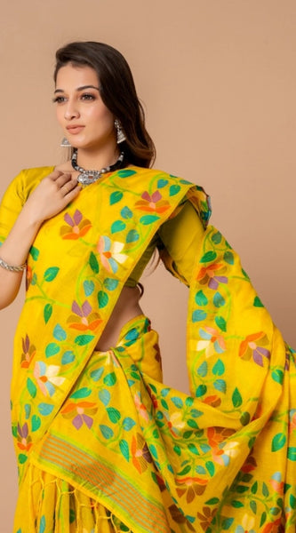 Mayawye Women's Cotton Printed Saree With Unstitched Blouse (Yellow, 5-6 Mtrs)