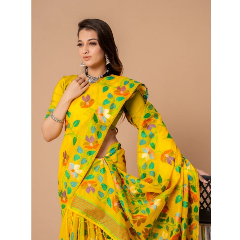 Mayawye Women's Cotton Printed Saree With Unstitched Blouse (Yellow, 5-6 Mtrs)
