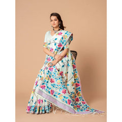 Mayawye Women's Cotton Printed Saree With Unstitched Blouse (White, 5-6 Mtrs)