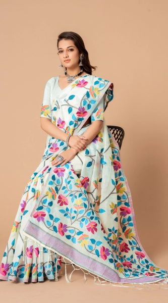 Mayawye Women's Cotton Printed Saree With Unstitched Blouse (White, 5-6 Mtrs)
