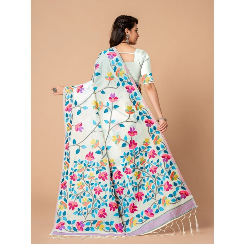Mayawye Women's Cotton Printed Saree With Unstitched Blouse (White, 5-6 Mtrs)
