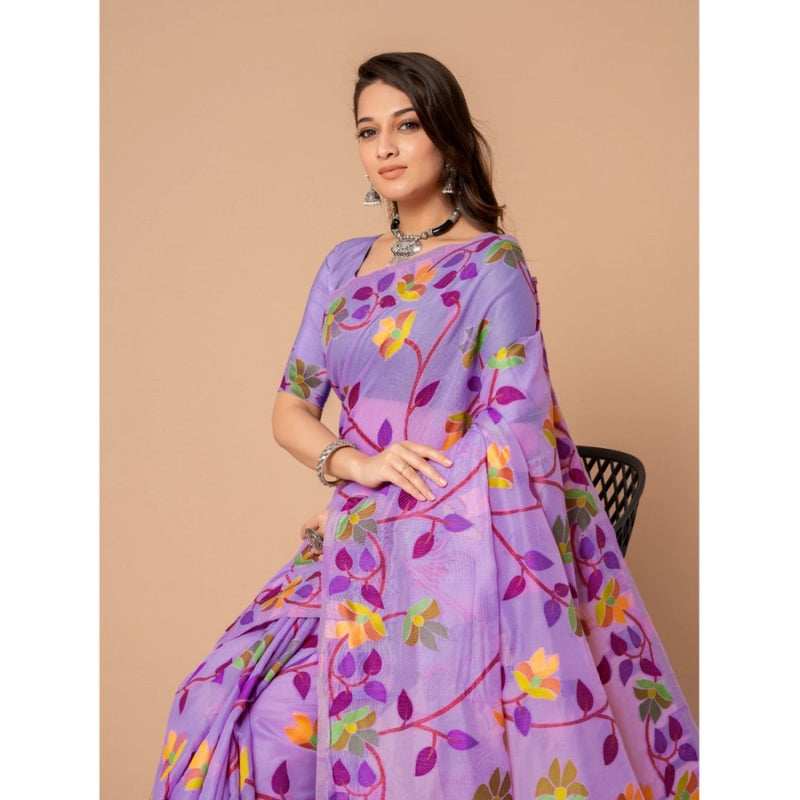 Mayawye Women's Cotton Printed Saree With Unstitched Blouse (Lavender, 5-6 Mtrs)