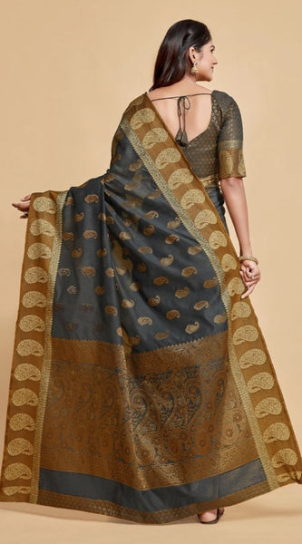 Mayawye Women's Chanderi Cotton Printed Saree With Unstitched Blouse (Grey, 5-6 Mtrs)