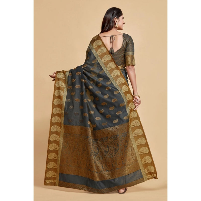 Mayawye Women's Chanderi Cotton Printed Saree With Unstitched Blouse (Grey, 5-6 Mtrs)