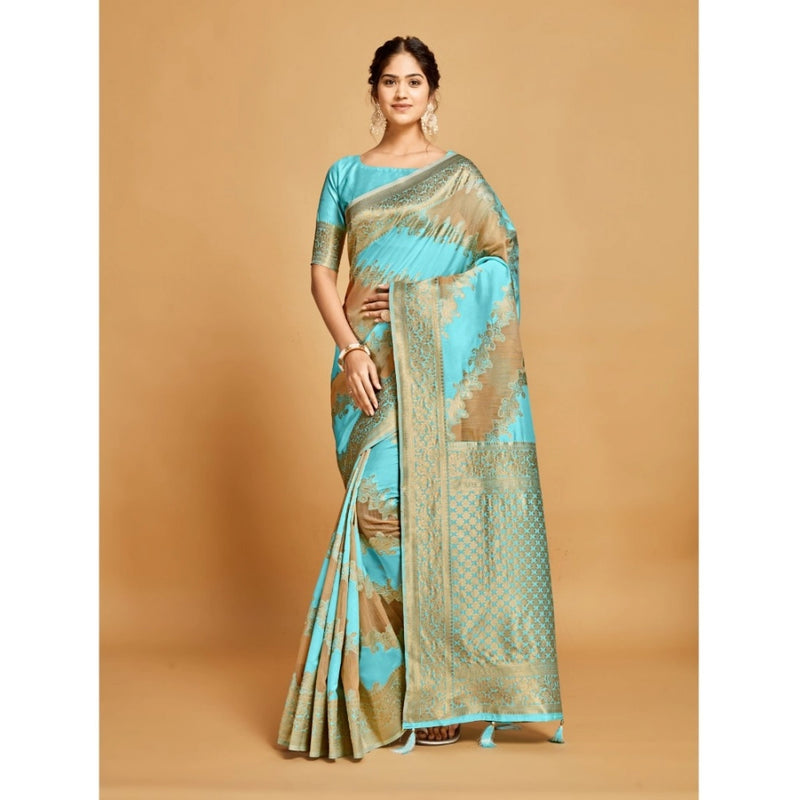 Mayawye Women's Linen Printed Saree With Unstitched Blouse (Sky Blue, 5-6 Mtrs)
