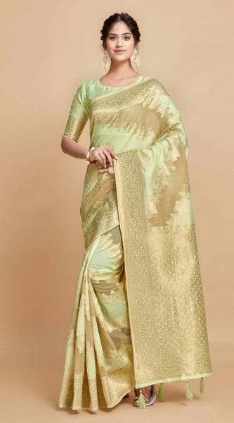 Mayawye Women's Linen Printed Saree With Unstitched Blouse (Pista, 5-6 Mtrs)