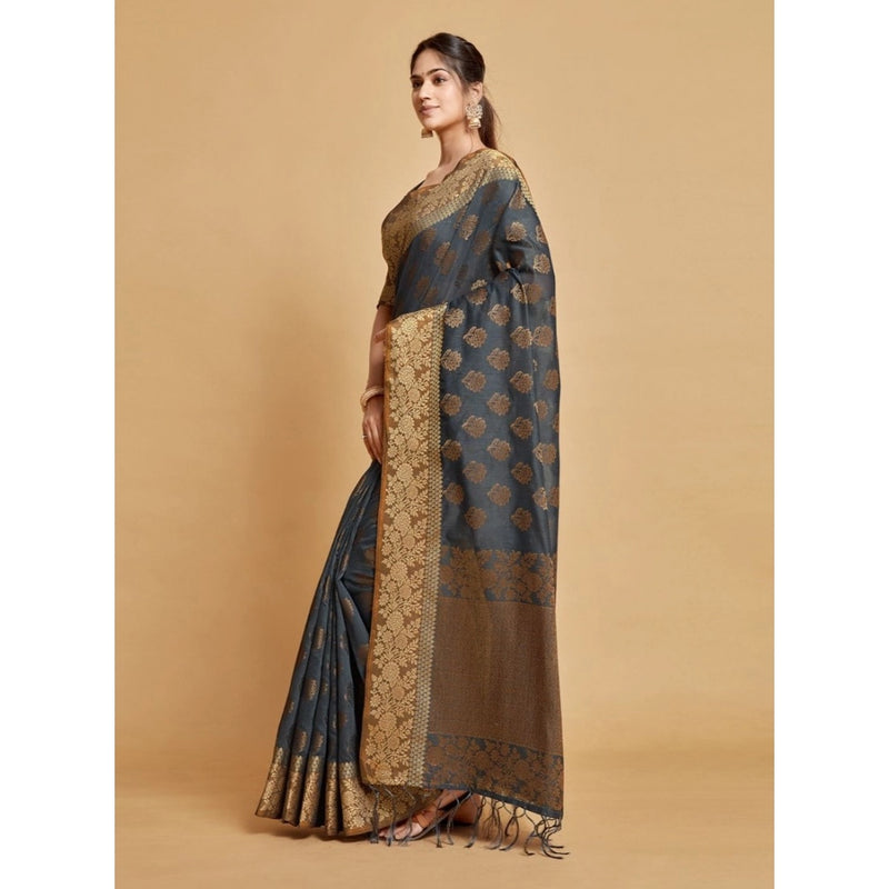 Mayawye Women's Chanderi Cotton Printed Saree With Unstitched Blouse (Grey, 5-6 Mtrs)