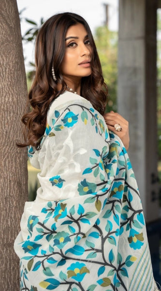 Mayawye Women's Cotton Printed Saree With Unstitched Blouse (White, 5-6 Mtrs)