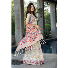 Mayawye Women's Cotton Printed Saree With Unstitched Blouse (Off-White, 5-6 Mtrs)
