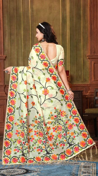 Mayawye Women's Organza Printed Saree With Unstitched Blouse (White, 5-6 Mtrs)