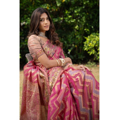 Mayawye Women's Organza Printed Saree With Unstitched Blouse (Pink, 5-6 Mtrs)