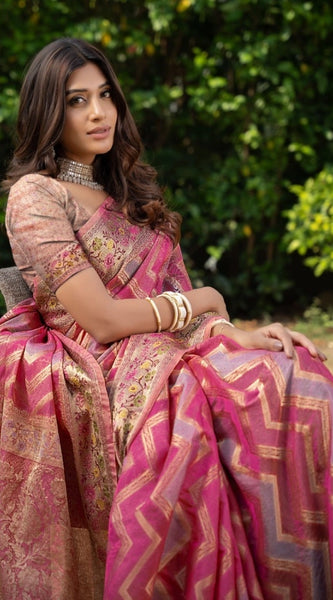 Mayawye Women's Organza Printed Saree With Unstitched Blouse (Pink, 5-6 Mtrs)