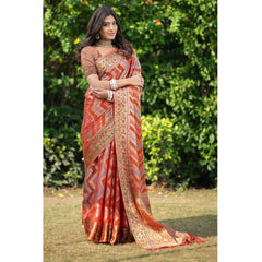 Mayawye Women's Organza Printed Saree With Unstitched Blouse (Orange, 5-6 Mtrs)