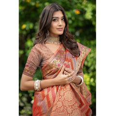 Mayawye Women's Organza Printed Saree With Unstitched Blouse (Orange, 5-6 Mtrs)