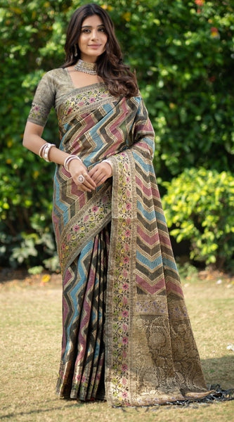 Mayawye Women's Organza Printed Saree With Unstitched Blouse (Grey, 5-6 Mtrs)