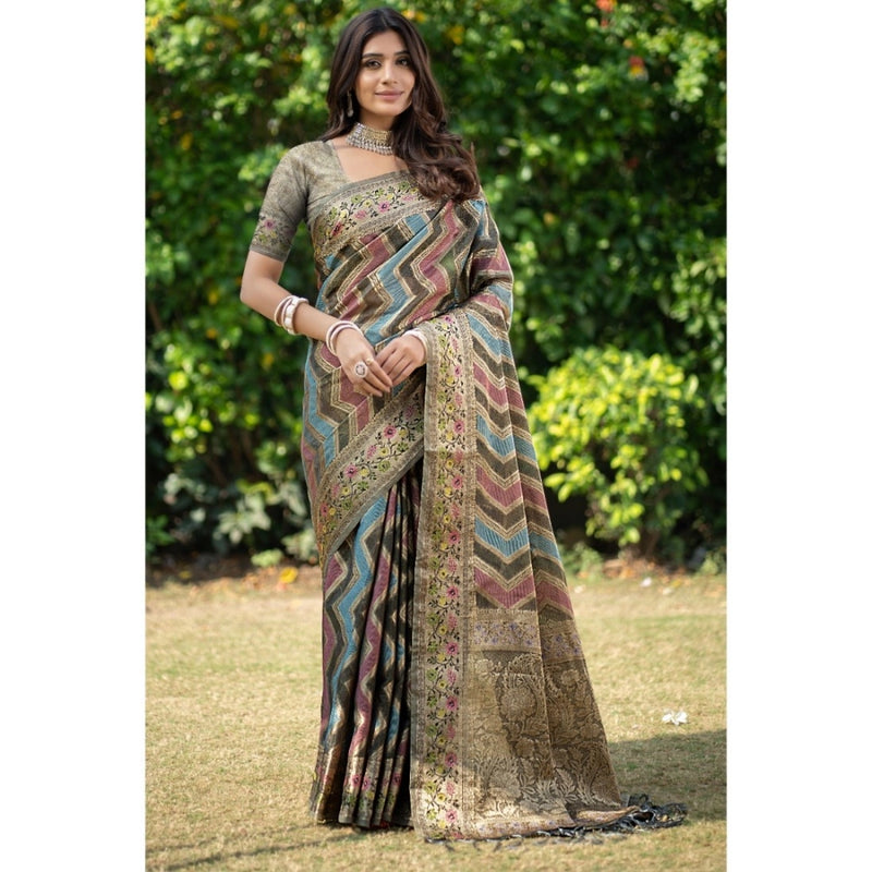 Mayawye Women's Organza Printed Saree With Unstitched Blouse (Grey, 5-6 Mtrs)