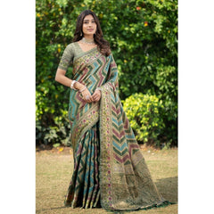 Mayawye Women's Organza Printed Saree With Unstitched Blouse (Green, 5-6 Mtrs)
