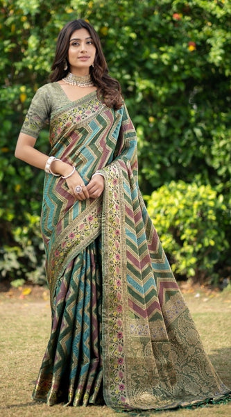 Mayawye Women's Organza Printed Saree With Unstitched Blouse (Green, 5-6 Mtrs)