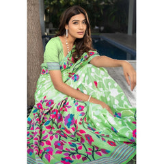 Mayawye Women's Cotton Printed Saree With Unstitched Blouse (Green, 5-6 Mtrs)