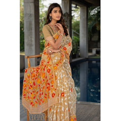 Mayawye Women's Cotton Printed Saree With Unstitched Blouse (Beige, 5-6 Mtrs)